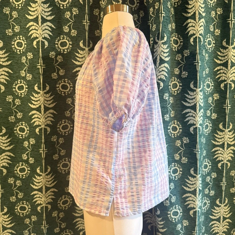 LOFT Pastel Tie Neck Pastel Striped Gingham Plaid Puff Sleeve Top Size XS - Picture 5 of 9